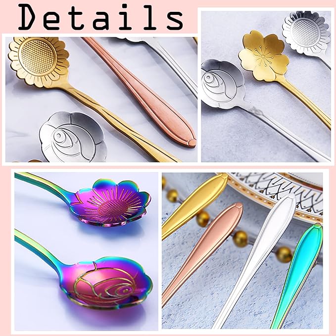 16 Pieces Flower Spoon Coffee Teaspoon Set, PBIEHSR Stainless Steel Coffee Tea Spoons for Drink Mixing Milkshake Jam