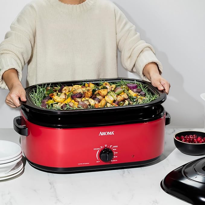 AROMA 18Qt. Roaster Oven with Self-Basting Lid, Fits 22-lb. Turkey, Adjustable Temperature Settings, Keep Warm Setting, Red (ART-718R)
