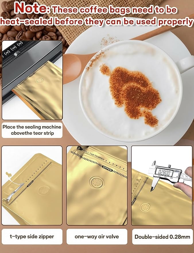 FireKylin 50 PCS Coffee Bags with Valve, (8 oz, 0.5 lb) Stand Up Pouches, Resealable coffee bean bags, Vented food storage bags Pull Tab Side Zipper(Gold)