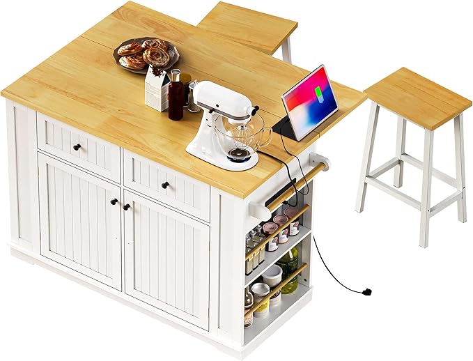 Rolling Kitchen Island with 2 Bar Stools, Drop Leaf & Power Outlet, Large Kitchen Islands Cart on Wheels, Movable Kitchen Island with 5 Open Shelves & Towel Rack for Kitchen, Dining Room, 48″, White