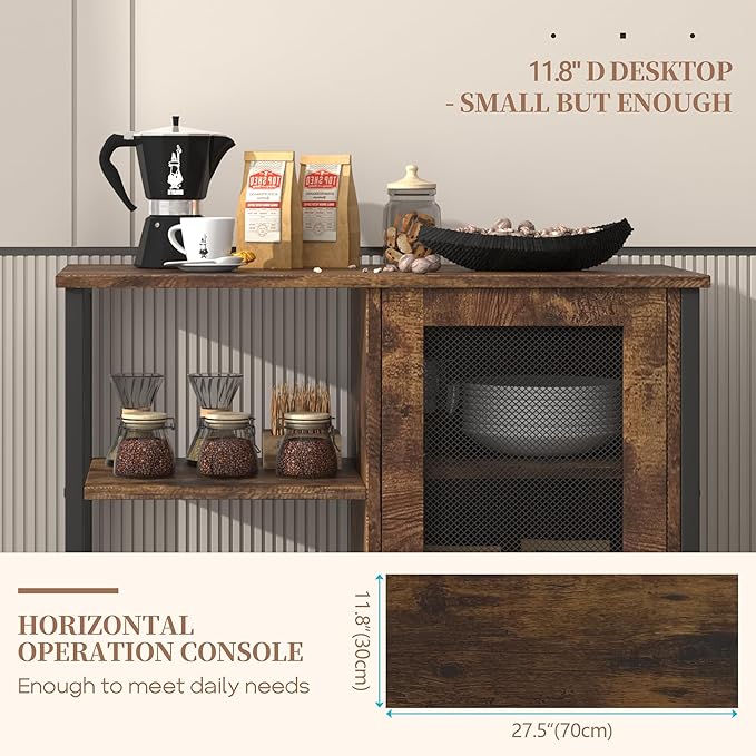 LVSOMT Mini Coffee Bar Cabinet with Storage, 27.5'' Small Kitchen Bar Table, Cute Corner Bar Cabinet for Tea, Buffet Sideboard Cabinet for Dining Room, Farmhouse Coffee Station for Wine (Brown)