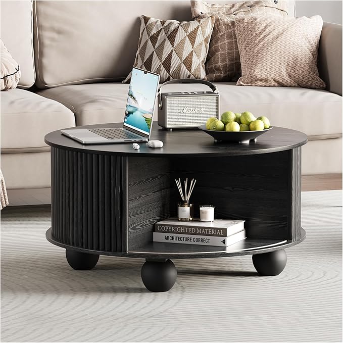 Black Round Coffee Table with Storage, 31.5" Fluted Drum Center Table with Sliding Door, Modern Farmhouse Wood Circle Table with Bun Feet for Living Room