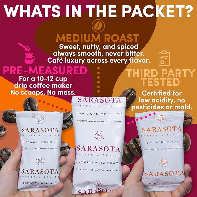 Flavored Ground Coffee Sampler Pack – Variety Gift Set, Medium Roast, Low Acid, Pre-Measured 2oz Pouches, Gourmet Bulk Coffee Packets for 12-Cup Drip Makers