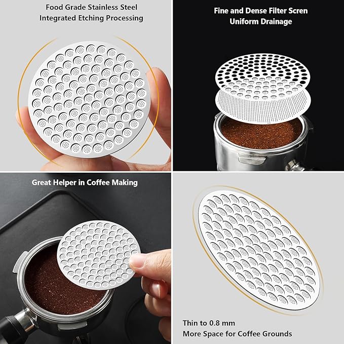 Puck Screen Reusable Mesh Coffee Filter for Espresso Portafilter Basket with Silent Puck Screen Ejector Coffee Grounds Remover Knock-Free Air Blower Kit (53mm)