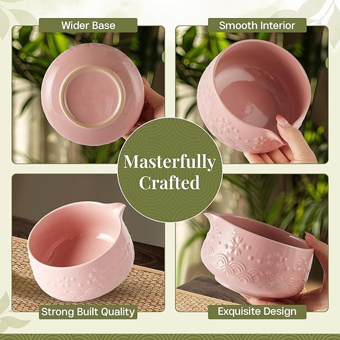 Matcha Whisk Set 9pcs – Matcha Tea Set with Ceramic Matcha Bowl, Bamboo Whisk (Chasen), Scoop, Sifter | Matcha Kit for Japanese Tea Ceremony & Beginners(Pink)