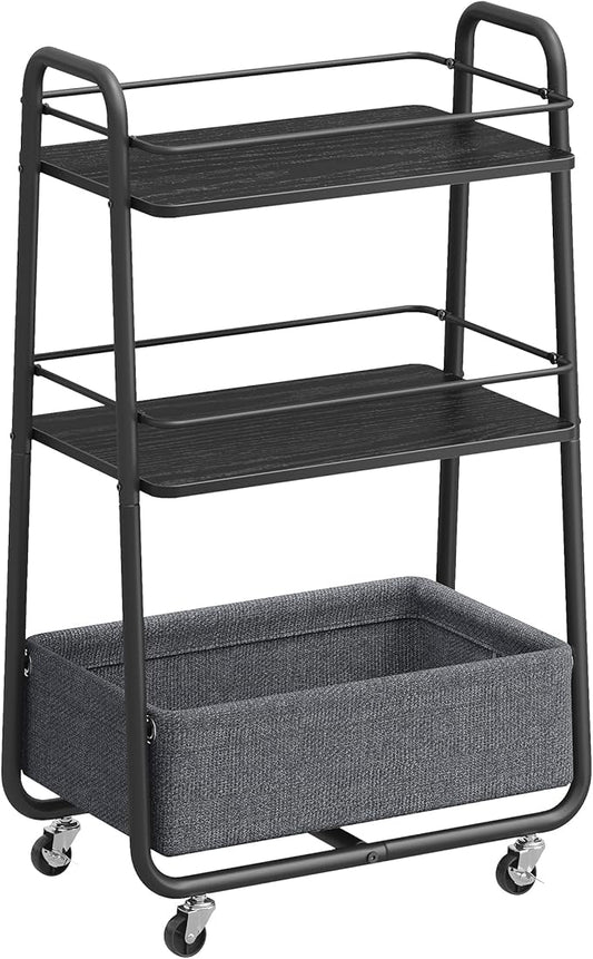 VASAGLE LILEA Collection - Storage Cart with Fabric Basket, 3-Tier Rolling Utility Cart with Wheels and Shelves, for Living Room Bedroom Kitchen, Ebony Black and Slate Gray ULRC001BE02