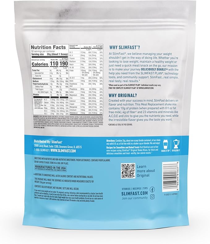 SlimFast Meal Replacement Powder, Original Rich Chocolate Royale, Weight Loss Shake Mix, 10g of Protein, 52 Servings (Packaging May Vary)