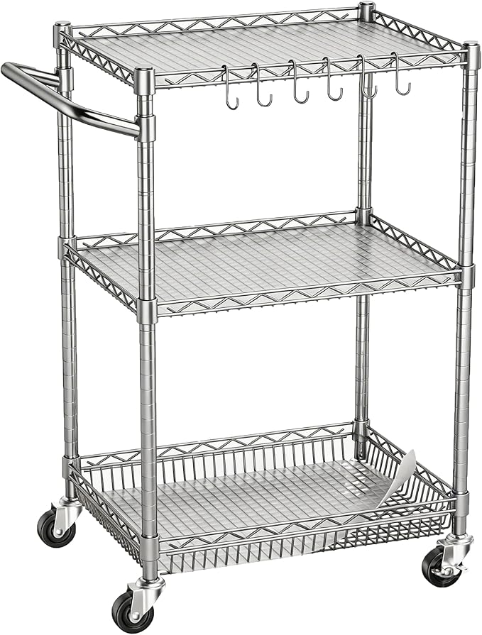 3 Tier Rolling Utility Carts with Wheels Heavy Duty Storage Cart 750Lbs Capacity Adjustable Kitchen Metal Organizer Cart with Handle & Shelf Liner Commercial Service Trolley for Indoor & Outdoor Use
