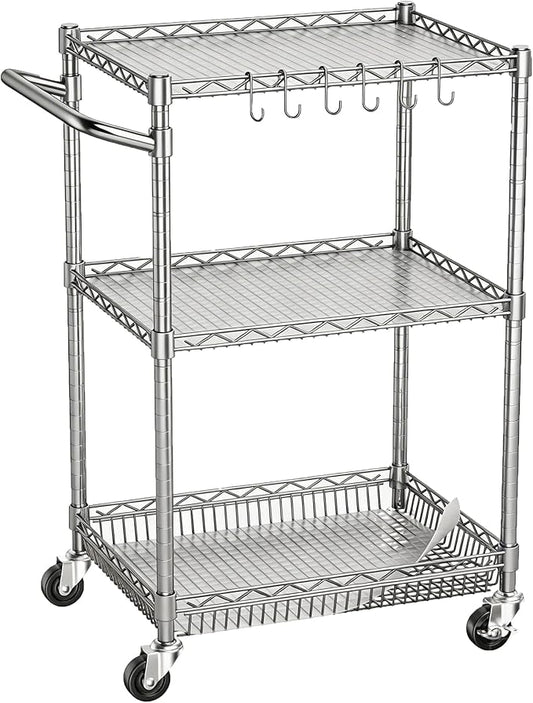 3 Tier Rolling Utility Carts with Wheels Heavy Duty Storage Cart 750Lbs Capacity Adjustable Kitchen Metal Organizer Cart with Handle & Shelf Liner Commercial Service Trolley for Indoor & Outdoor Use