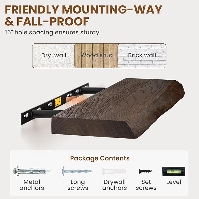 30 Inch Floating Shelves for Wall, Solid Elm Wood Live Edge Floating Shelves for Bedroom Living Room Bathroom, Wall Mounted Wooden Shelf with Invisible Bracket for Books Decor Storage, Walnut
