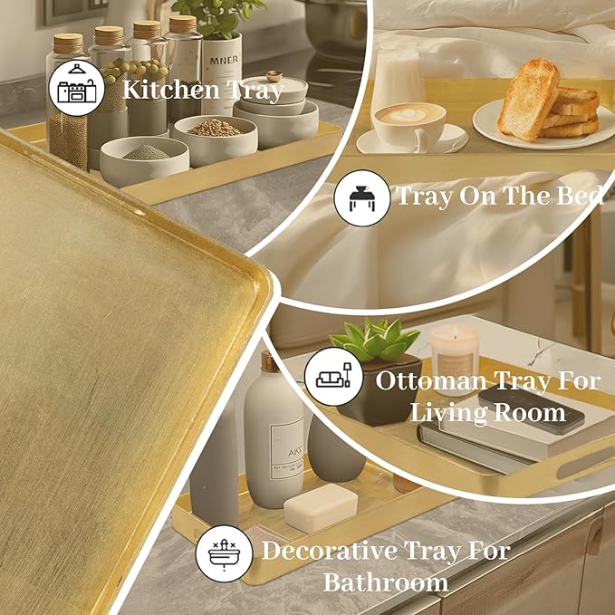 MAONAME Gold Decorative Tray with Handles, Foil Serving Tray for Ottoman, Rectangular Coffee Trays for Living Room, Bathroom, 16.7" L x 11.8" W x 1.6" H