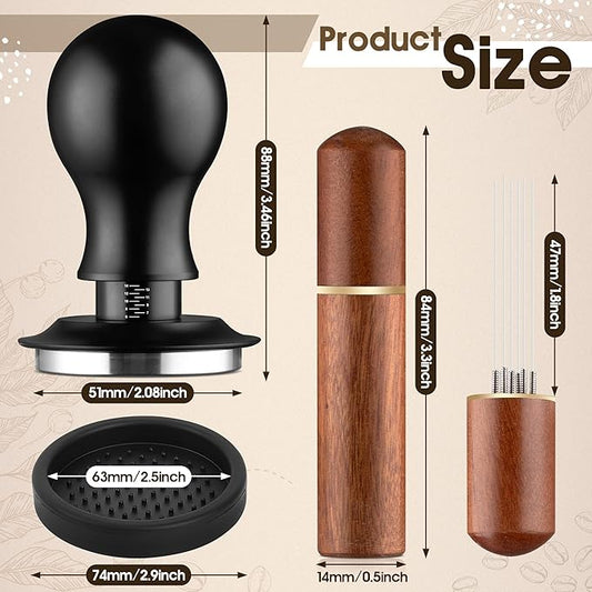 Espresso Distribution Tool Accessories - 51mm Spring Loaded Coffee Calibrated Tamper Kit with Needles, WDT Stainless Steel Espresso Stirrer Dosing Funnel Set for Barista Coffee Machines