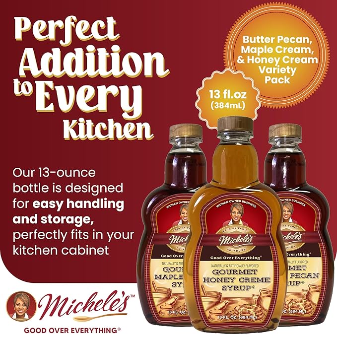 Michele’s Syrup Variety pack – Maple Crème, Honey Crème, Butter Pecan Syrups | Flavoring Syrup for Pancakes and Waffles, Ice Cream – Condiment for Salmon, Pork, and Beef – Great Breakfast Food Gift