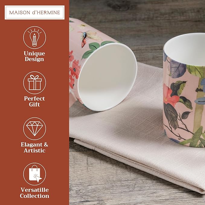 Maison d' Hermine Coffee Mug with Handles Fine Bone China Mugs Pack of Two Tea Cups for Hot Beverages Cappuccino Latte Home Restaurant Office Perfect for Gift (Canne, 12 Ounce)
