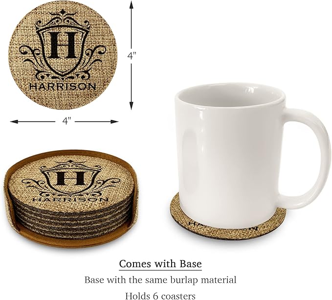 Smile Art Design Family Personalized Monogram Coaster Set of 6 with Base Round Burlap Material Family Name Personalized Prints House Warming Wedding Gift Dining Room Kitchen Rustic Decor Style4