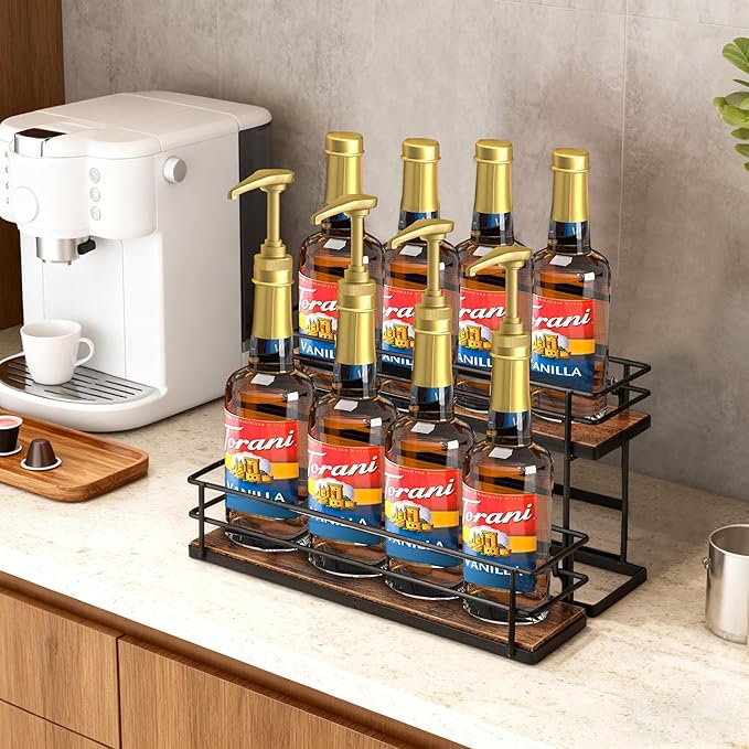 EFYSE Coffee Syrup Organizer rack, 2 Tier Syrup Holder(8 Bottle Capacity) for coffee bar syrup storage,kitchen condiment organization and wine display.