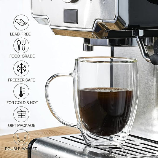 Double Wall Glass Coffee Mugs, 12 Oz Clear Coffee Mugs with Handle, Insulated Glass Coffee Mugs Set of 2, Perfect for Espresso, Cappuccino, Latte, Americano, Tea Bag, Beverage