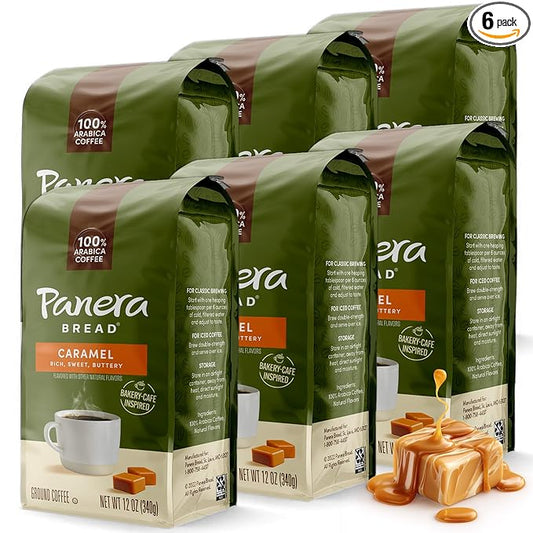 Panera Caramel Light Roast Ground Coffee, 100% Arabica, Naturally Flavored Caramel, Rich Buttery Taste, Sustainably Sourced, 12oz Bag Pack of 6 (72 oz Total)