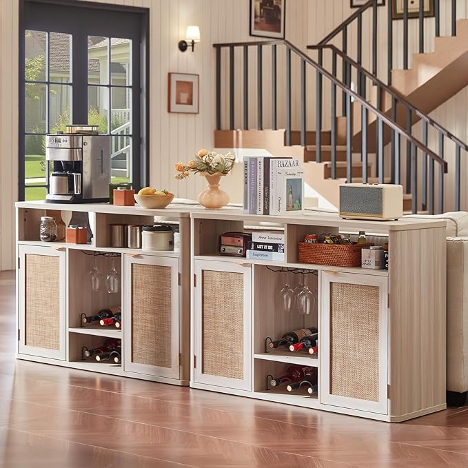 Lerliuo Rattan Wine Cabinet with 2 Doors, Boho Liquor Cabinet with Wine Racks, Farmhouse Coffee Bar Station for Living Room, Dining Room, Kitchen, Grey White