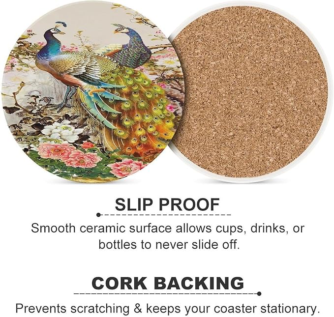 Round-6PCS Peacock Ceramic Coasters, Round Absorbent Drink Coasters, Vintage Tree Branch Beautiful Plant Floral Gold Peacock Ceramic Table Coasters for Coffee, Beverage, Wine, Beer Coasters