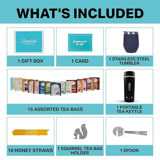 Modern Elegance Tea Set with Portable Kettle – 31-Piece Collection Featuring an Insulated Mug, Decaf Teas, Honey Sticks & Accessories (Decaffeinated)
