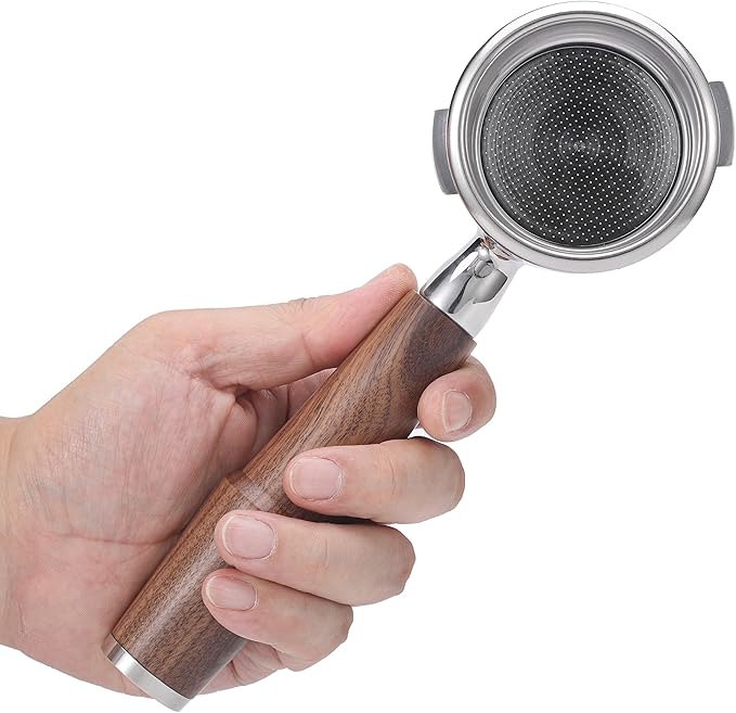 KNODOS 58mm Bottomless Portafilter for Gaggia Classic Pro, Evo, E24 Espresso Machines With Upgraded Walnut Handle and 18-21 Gram Filter Basket