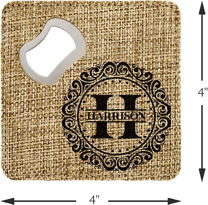 Smile Art Design Family Monogram Custom Coaster Bottle Opener Burlap Material Family Name Personalized Prints Personalized Gift House Warming Wedding Gift Coffee Table Rustic Decor Style5