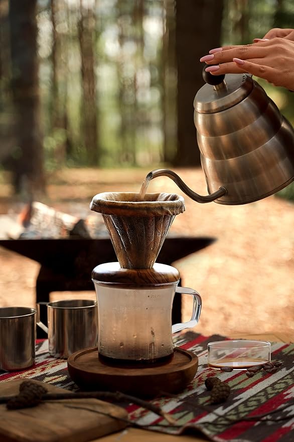 ATHIA Glass Pour Over Coffee Dripper Set, Glass Cone Dripper, Reusable Cloth Filter, Leather Cup Sleeve, Minimal Single Cup SET, for outdoor, office or at home (Walnut Wood)