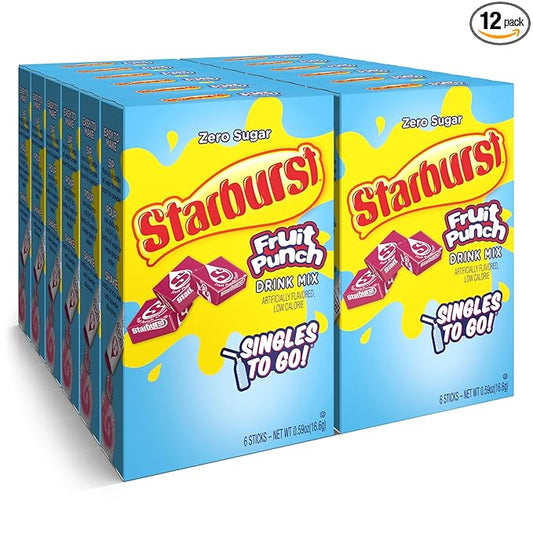 Starburst Singles To Go Powdered Drink Mix, Fruit Punch, Sugar-Free Drink Powder, Just Add Water,6 count (Pack of 12)