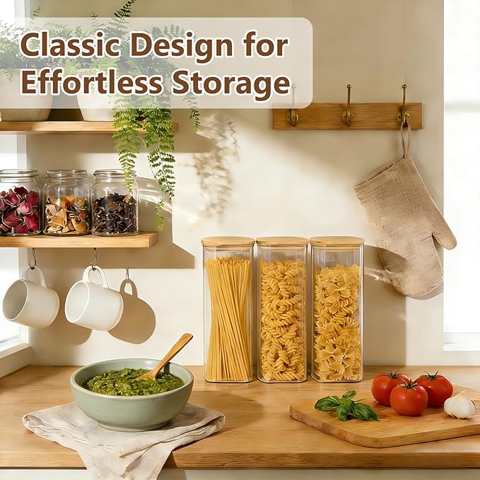 KEYWING 72oz Glass Spaghetti Pasta Storage Containers with Lids, 3-Pack Tall Square Airtight Food Jars for Pantry Noodles Flour Oats Cereal Sugar Beans