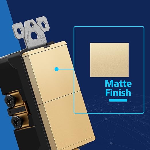 LIDER Minimalist Design Matte Finish Lighted Double Switch, Combination Frameless Decorator Switch with Locator Light, Ground Terminal, Single Pole, 15A 120-277V, UL Listed, LCS2-1P-GD, Gold