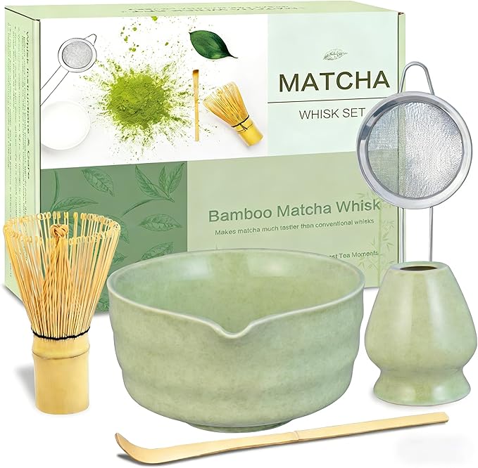Matcha Whisk Set, Premium Ceramic Matcha Bowl with Spout, Bamboo Whisk, Chasen Holder, Sifter, Scoop, Complete Tea Making Kit for Matcha Lovers, Beginner Starter Set Valentine's Day Gift, Green