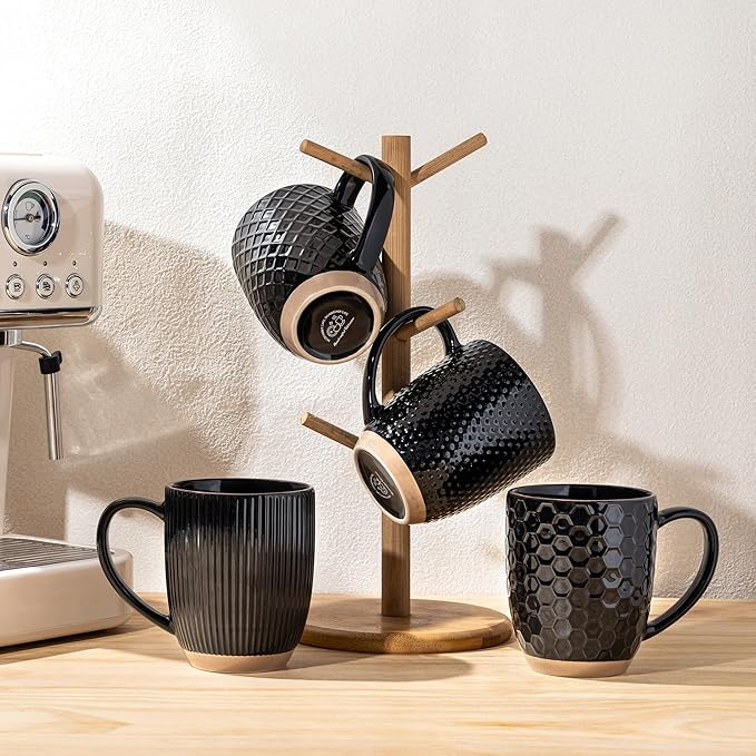 GBhome Large Coffee Mugs Set of 4, 16oz Handmade Embossed Coffee Mugs Set with Large Handle for Cappuccino/Latte/Tea/Hot Cocoa, Dishwasher & Microwave Safe, Black