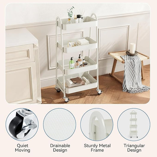 OLIXIS 4 Tier Utility Rolling Cart, Metal Mobile Storage Shelf with Lockable Caster Wheels, Organization for Livingroom, Bathroom & Narrow Places, 4-Tier White