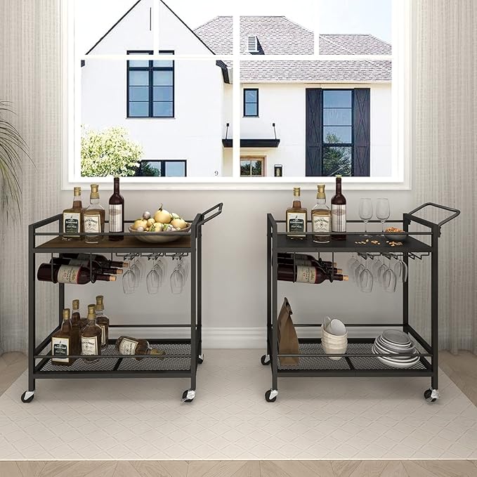 LAATOOREE Bar Cart, Two-Color Home Bar Serving Cart, Mobile Drink Beverage Cart with 2 Storage Shelves, Rolling Kitchen Cart with Wine and Glass Holder, for Dinning Room, Living Room, Kitchen