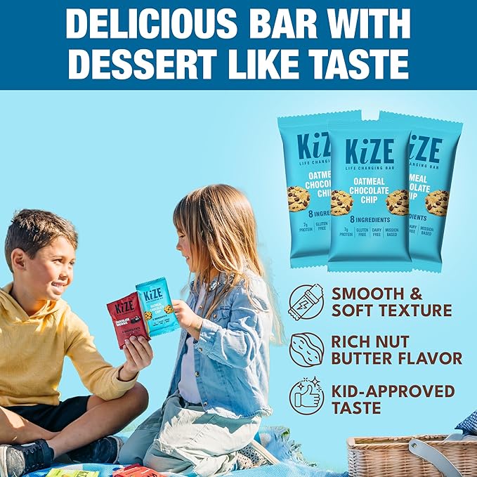 KiZE Energy Bars - Oatmeal Chocolate Chip - Gluten Free, Dairy Free, Non-GMO, and High Protein Meal Replacement Energy Bars, Clean and Simple Food Ingredients - 7g High Protein Snacks, (10 Count)