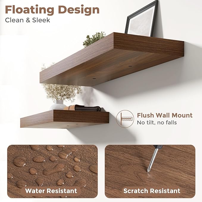 Marsmiles 12" Deep Floating Shelves for Wall with Invisible Brackets, Wall Mounted Engineered Wood Shelves with Wood Grain for Living Room, Bedroom, Kitchen Decor and Storage, 72" L Set of 1, Walnut