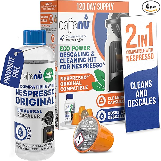 Nespresso Compatible Descaling Kit & Cleaning Pods. 2 Use Descaling Solution & 4 Cleaner Pods. Removes Limescale & Cleans Pod Area. Better Tasting, Hotter Coffee. Nespresso Originaline.