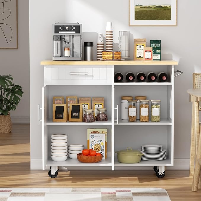 SUNLEI Kitchen Island with Storage Cabinet, 42" Kitchen Cart on Wheels with Shelves, Cart Handle for Towel Rack or Free Mobility, Portable Islands for Kitchen(Stylish White, 42-INCH)