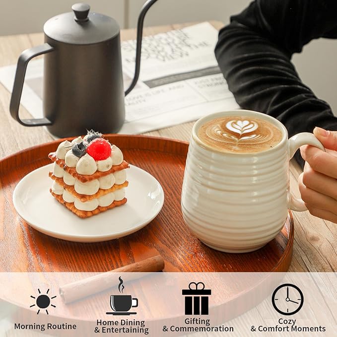 HASENSE Coffee Mugs Set of 2, 20 oz Ceramic Coffee Cups for Men and Women, Premium Large Tea Cups Gift Box with Coaster & Gold Spoon, Couple Mugs for Wedding Gift, Clay-Infused White