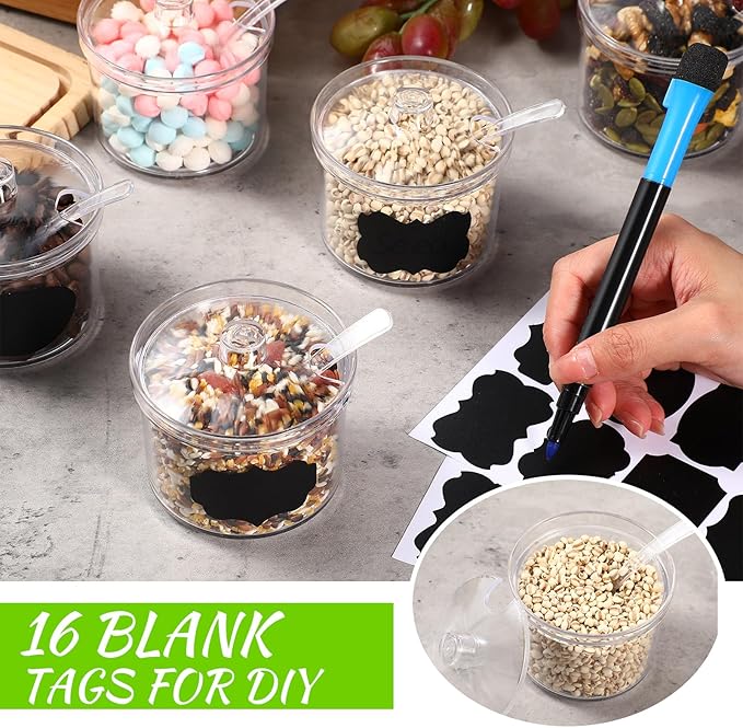 Tioncy 6 Pcs Hot Cocoa Bar Supplies Sugar Bowls with Lid and Spoon Party Bar Ice Cream Sundae Caramel Apple Dipping Container Christmas Acrylic Candy Dispenser with Tag (13.5 oz,Clear)