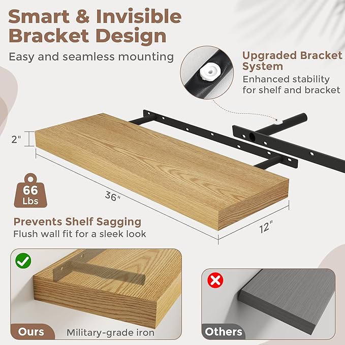 Marsmiles 12" Deep Floating Shelves for Wall with Invisible Brackets, Wall Mounted Engineered Wood Shelves with Wood Grain for Living Room, Bedroom, Kitchen Decor and Storage, 36" L Set of 1, Oak
