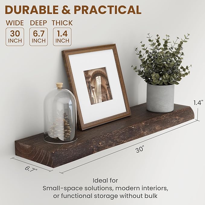 30 Inch Floating Shelves for Wall, Solid Elm Wood Live Edge Floating Shelves for Bedroom Living Room Bathroom, Wall Mounted Wooden Shelf with Invisible Bracket for Books Decor Storage, Walnut