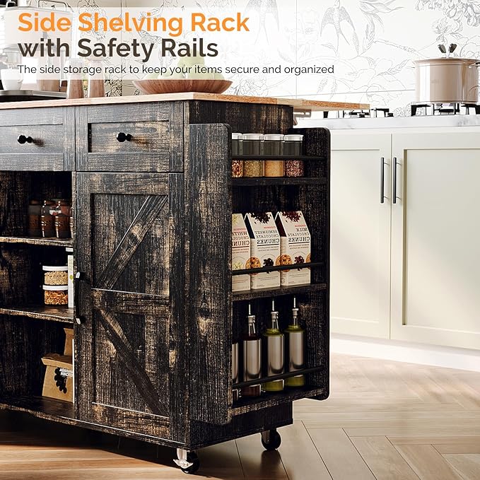 VINGLI Kitchen Island with Storage, 52" Rolling Kitchen Cart with 3 Drawers & Shelves, Drop Leaf Design, Mobile Island with Barn Doors, Towel & Spice Rack for Kitchen & Dining, Black & Gold