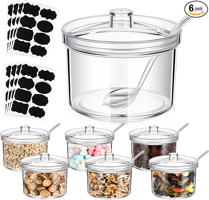 Tioncy 6 Pcs Hot Cocoa Bar Supplies Sugar Bowls with Lid and Spoon Party Bar Ice Cream Sundae Caramel Apple Dipping Container Christmas Acrylic Candy Dispenser with Tag (13.5 oz,Clear)