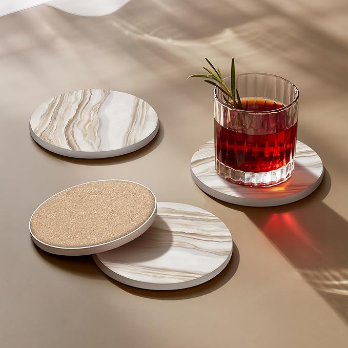 VEYRO Ceramic Coasters Set of 6 – Absorbent Stone Drink Coasters with Holder, Non-Slip Cork Backing, Modern Marble Look Coasters for Coffee Table, Desk & Home Decor