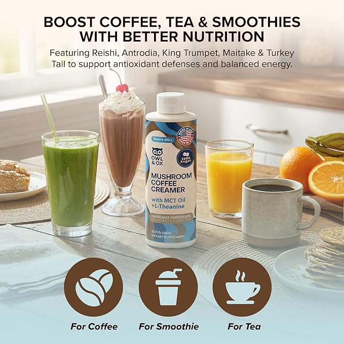 Mushroom Coffee Creamer with MCT Oil Blend & L-Theanine | MCT Coffee Creamer, Keto Coffee Creamer, Dairy Free, Sugar Free, Vegan, Plant Based, Hazelnut Chocolate Flavor, 30 Servings | Made in USA