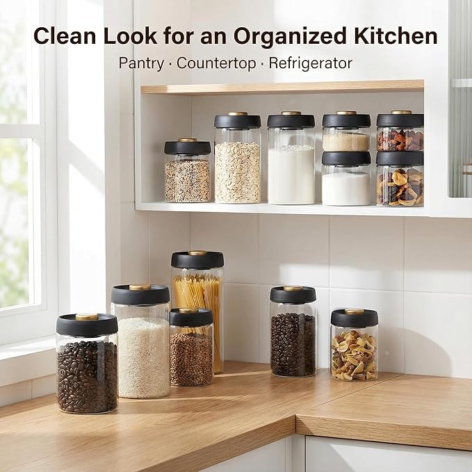 LOEZ Airless Vacuum Coffee Canister, Borosilicate Glass Food Storage Jar with Pump Lid to Stop Oxidation, for Beans, Tea & Dry Goods (40oz/1200ml - Clear)