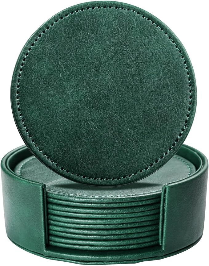 LAMOTI Leather Coasters for Drinks, 4" Drink Coasters Set of 6 with Holder for Tabletop Protection, Handmade Luxurious Home Décor and Housewarming Gift (Green)