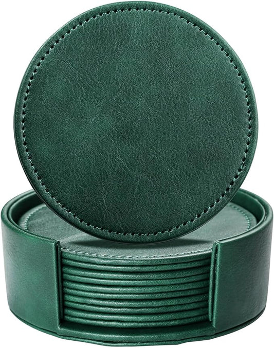 LAMOTI Leather Coasters for Drinks, 4" Drink Coasters Set of 6 with Holder for Tabletop Protection, Handmade Luxurious Home Décor and Housewarming Gift (Green)